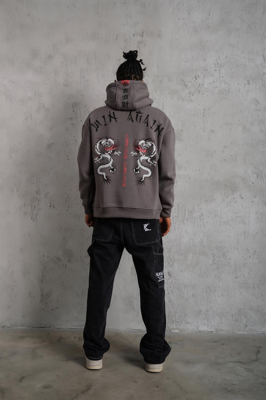 SWEATSHİRTAntrasit JAPAN Baskılı 3 İplik Oversize Kapşonlu Sweatshirt PLZ-03