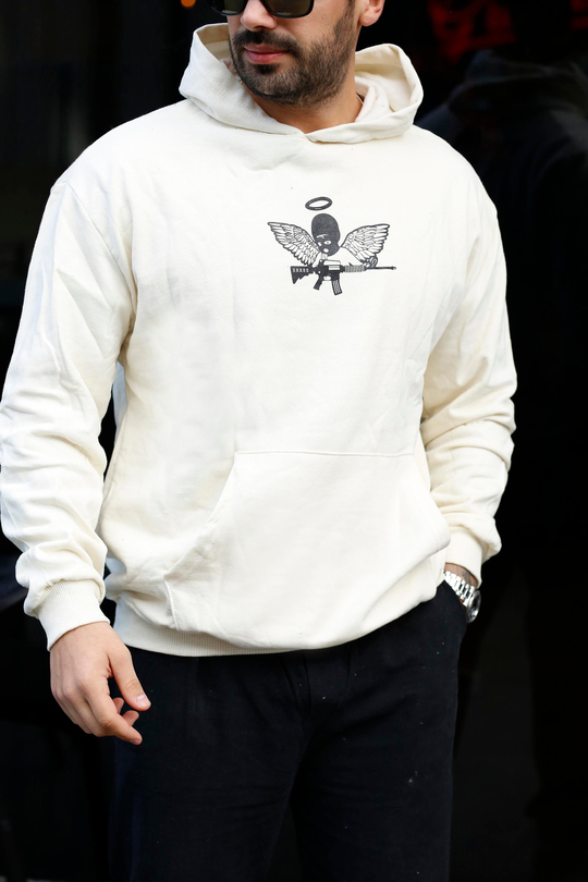 SWEATSHİRTBej 2 İplik MaskeliMelek Baskılı Kapşonlu Sweatshirt TB