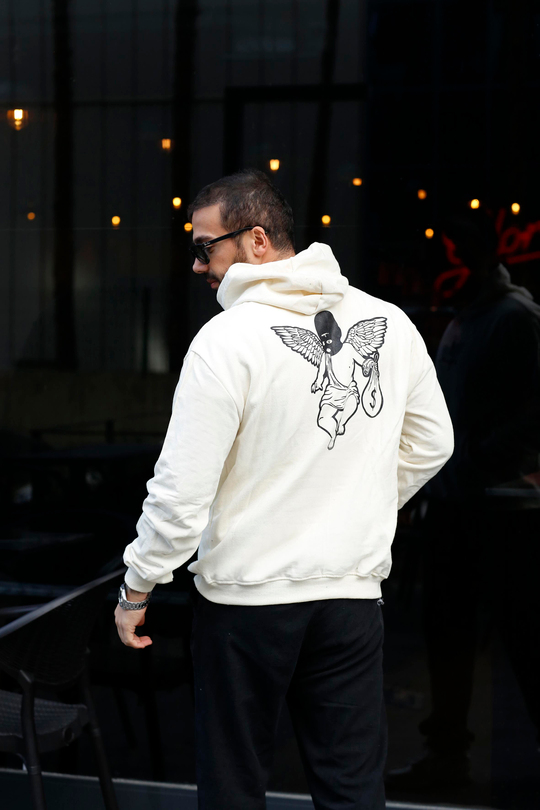 SWEATSHİRTBej 2 İplik MaskeliMelek Baskılı Kapşonlu Sweatshirt TB