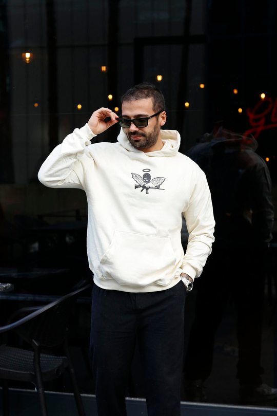 SWEATSHİRTBej 2 İplik MaskeliMelek Baskılı Kapşonlu Sweatshirt TB