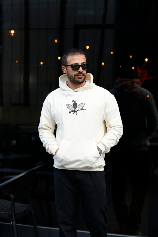 SWEATSHİRTBej 2 İplik MaskeliMelek Baskılı Kapşonlu Sweatshirt TB