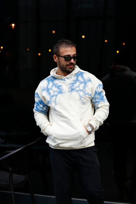 SWEATSHİRTBej 2 İplik MaviYıldırım Baskılı Kapşonlu Sweatshirt TB