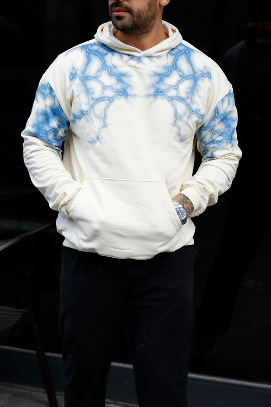 SWEATSHİRTBej 2 İplik MaviYıldırım Baskılı Kapşonlu Sweatshirt TB