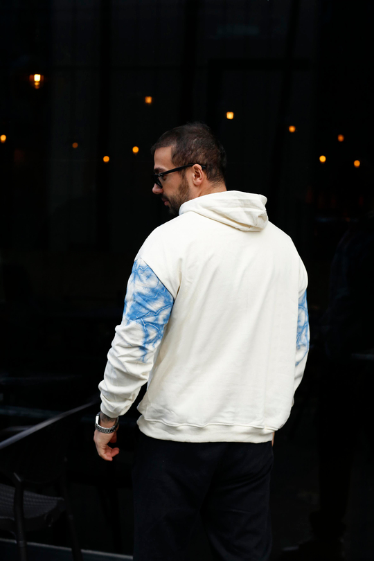 SWEATSHİRTBej 2 İplik MaviYıldırım Baskılı Kapşonlu Sweatshirt TB