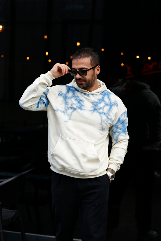 SWEATSHİRTBej 2 İplik MaviYıldırım Baskılı Kapşonlu Sweatshirt TB