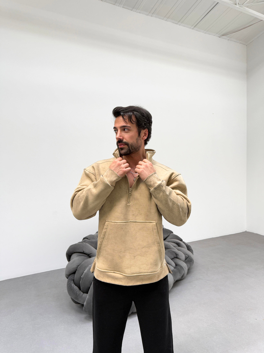SWEATSHİRTBej Yırtmaçlı Yarı Fermuarlı Sweatshirt PLZ
