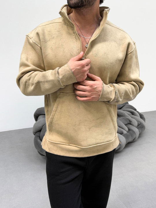 SWEATSHİRTBej Yırtmaçlı Yarı Fermuarlı Sweatshirt PLZ
