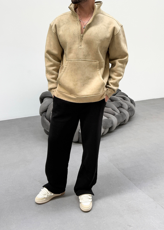 SWEATSHİRTBej Yırtmaçlı Yarı Fermuarlı Sweatshirt PLZ