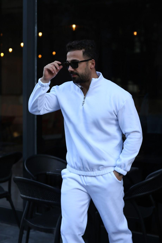 SWEATSHİRTBeyaz 3 İplik Lastikli Yarım Fermuarlı Sweat SC