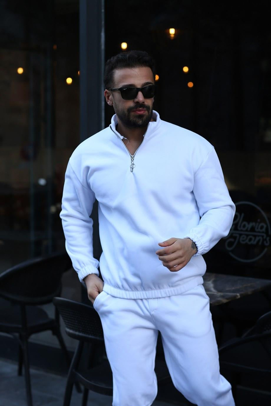 SWEATSHİRTBeyaz 3 İplik Lastikli Yarım Fermuarlı Sweat SC