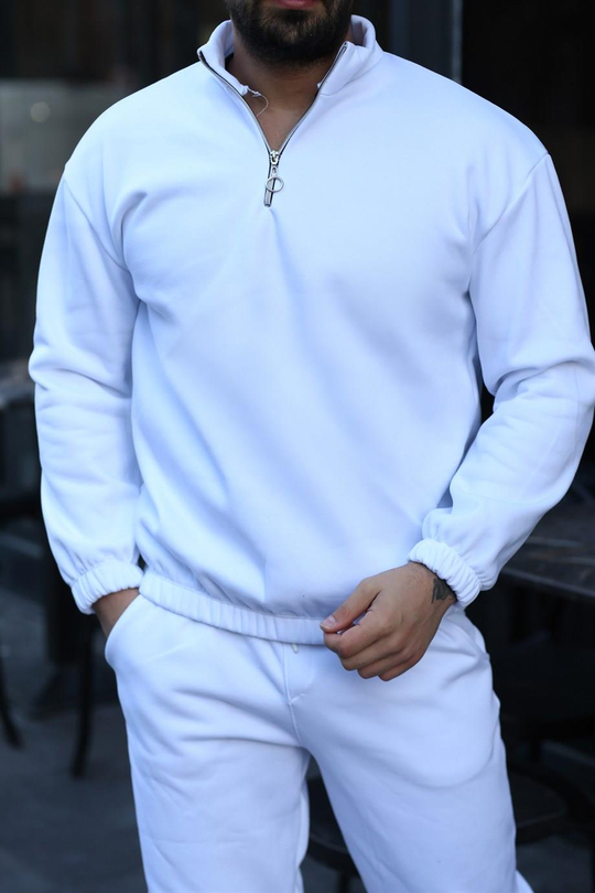 SWEATSHİRTBeyaz 3 İplik Lastikli Yarım Fermuarlı Sweat SC