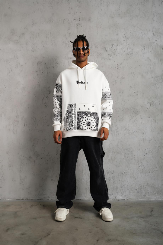 SWEATSHİRTBeyaz BANDANA Baskılı 3 İplik Oversize Kapşonlu Sweatshirt PLZ-09