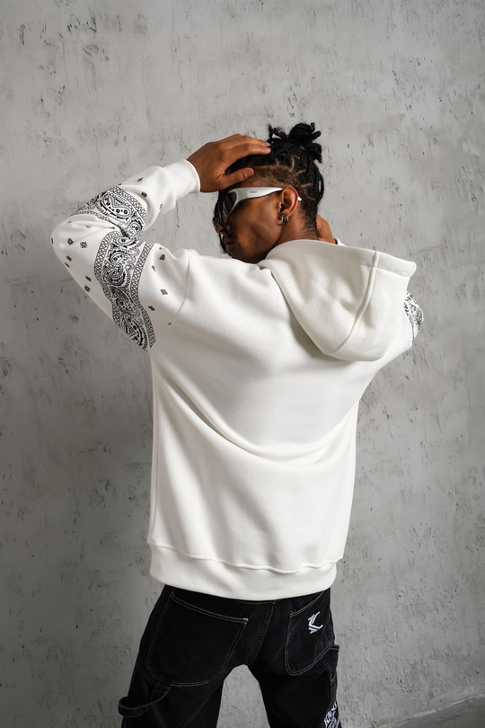 SWEATSHİRTBeyaz BANDANA Baskılı 3 İplik Oversize Kapşonlu Sweatshirt PLZ-09