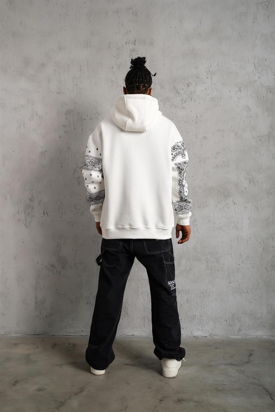 SWEATSHİRTBeyaz BANDANA Baskılı 3 İplik Oversize Kapşonlu Sweatshirt PLZ-09