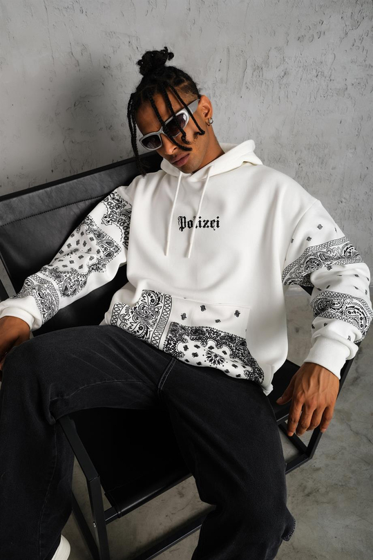 SWEATSHİRTBeyaz BANDANA Baskılı 3 İplik Oversize Kapşonlu Sweatshirt PLZ-09