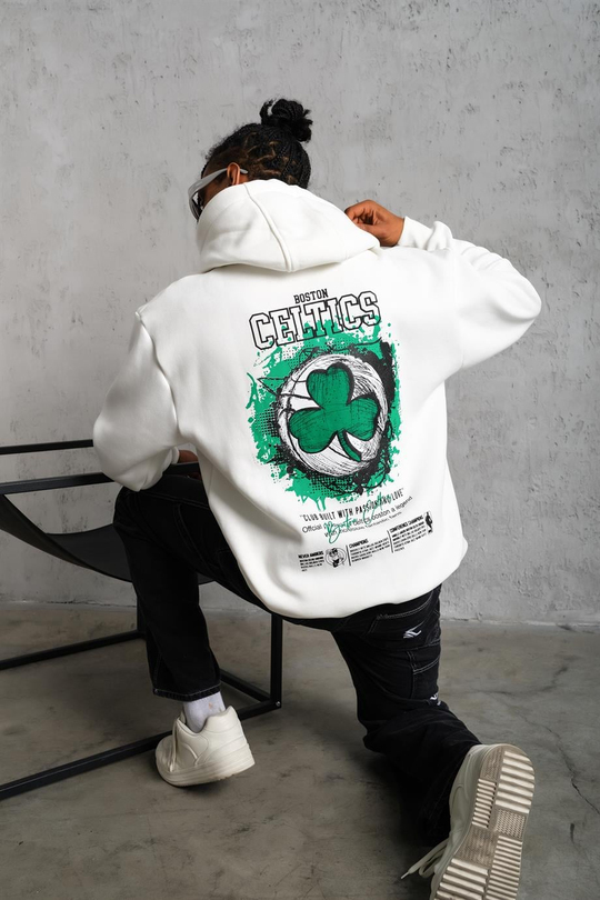 SWEATSHİRTBeyaz CELTİCS Baskılı 3 İplik Kapşonlu Oversize Sweatshirt 