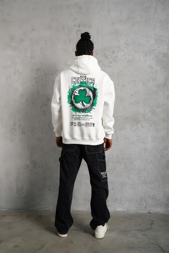 SWEATSHİRTBeyaz CELTİCS Baskılı 3 İplik Kapşonlu Oversize Sweatshirt 