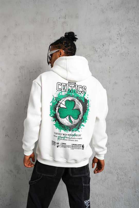 SWEATSHİRTBeyaz CELTİCS Baskılı 3 İplik Kapşonlu Oversize Sweatshirt 