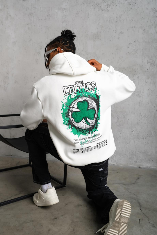 SWEATSHİRTBeyaz CELTİCS Baskılı 3 İplik Kapşonlu Oversize Sweatshirt 