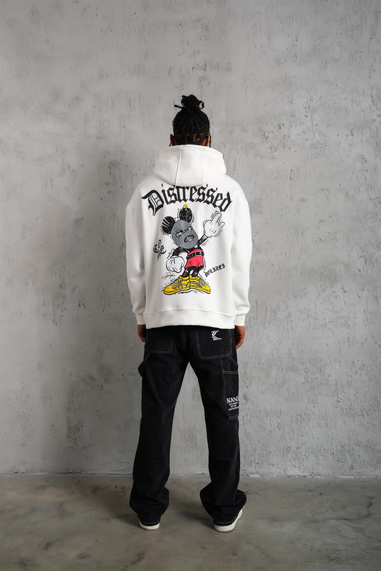 SWEATSHİRTBeyaz DISTRESSED Baskılı 3 İplik Oversize Kapşonlu Sweatshirt PLZ-34