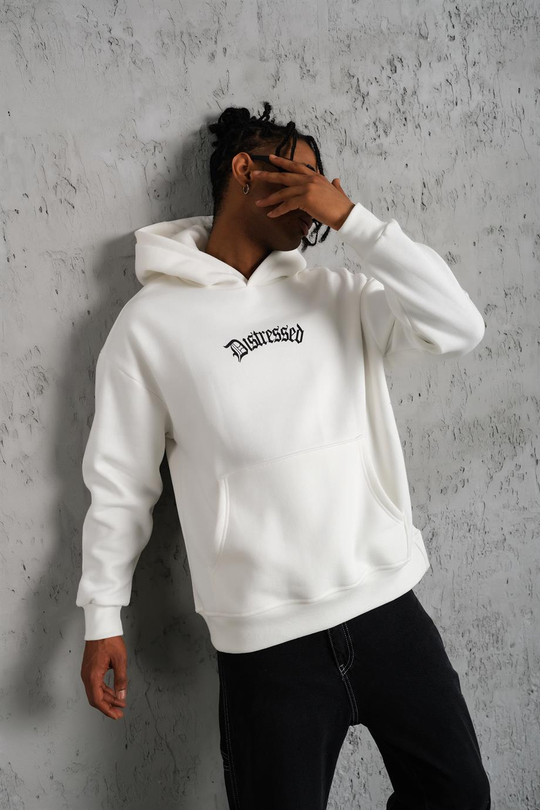 SWEATSHİRTBeyaz DISTRESSED Baskılı 3 İplik Oversize Kapşonlu Sweatshirt PLZ-34