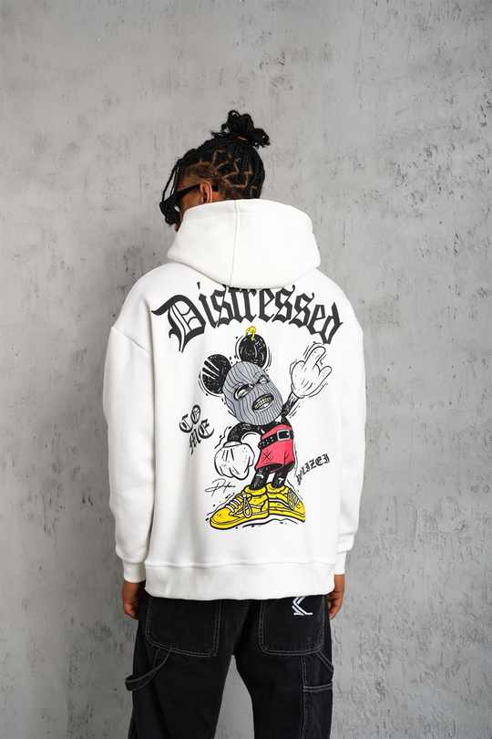 SWEATSHİRTBeyaz DISTRESSED Baskılı 3 İplik Oversize Kapşonlu Sweatshirt PLZ-34