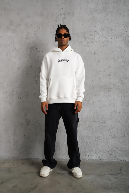 SWEATSHİRTBeyaz DISTRESSED Baskılı 3 İplik Oversize Kapşonlu Sweatshirt PLZ-34