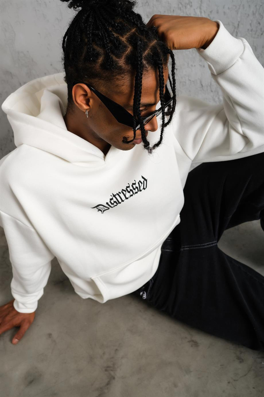 SWEATSHİRTBeyaz DISTRESSED Baskılı 3 İplik Oversize Kapşonlu Sweatshirt PLZ-34