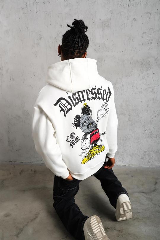 SWEATSHİRTBeyaz DISTRESSED Baskılı 3 İplik Oversize Kapşonlu Sweatshirt PLZ-34