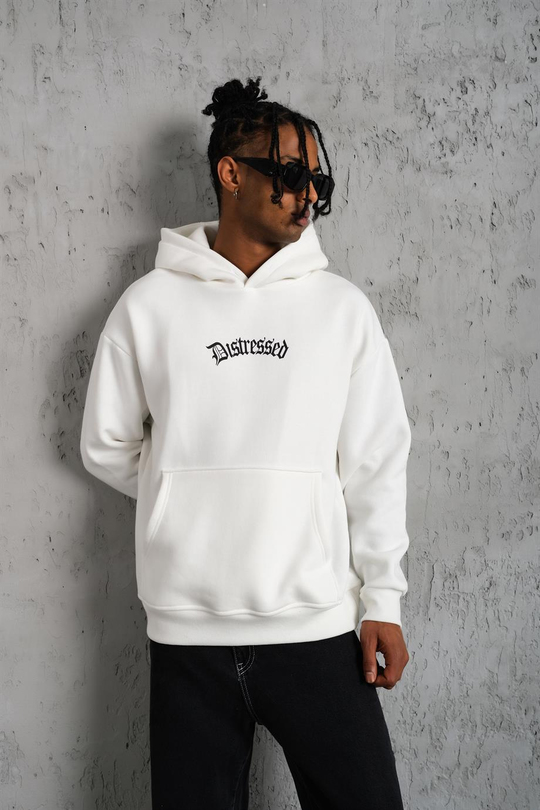 SWEATSHİRTBeyaz DISTRESSED Baskılı 3 İplik Oversize Kapşonlu Sweatshirt PLZ-34