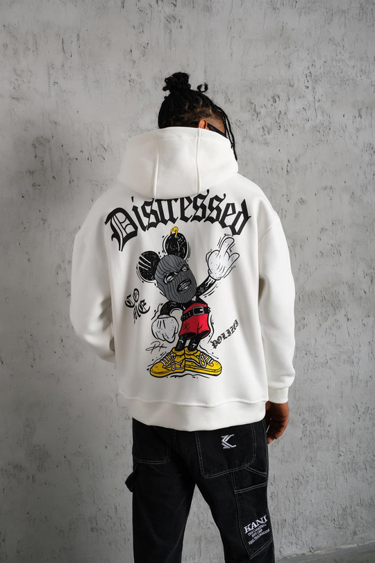 SWEATSHİRTBeyaz DISTRESSED Baskılı 3 İplik Oversize Kapşonlu Sweatshirt PLZ-34