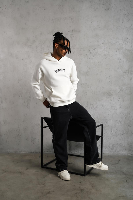 SWEATSHİRTBeyaz DISTRESSED Baskılı 3 İplik Oversize Kapşonlu Sweatshirt PLZ-34