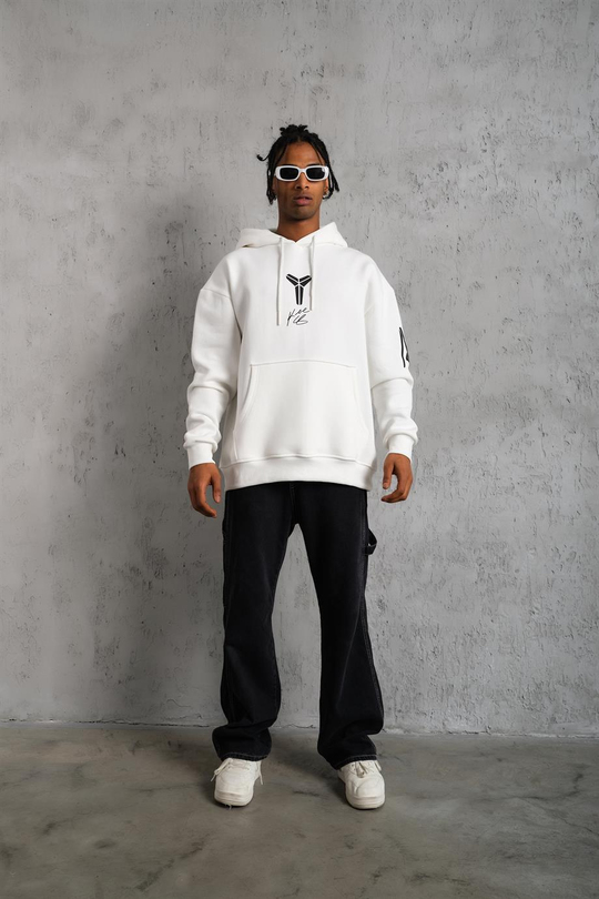 SWEATSHİRTBeyaz KOBE Peçli Baskılı 3 İplik Oversize Kapşonlu Sweatshirt PLZ-37