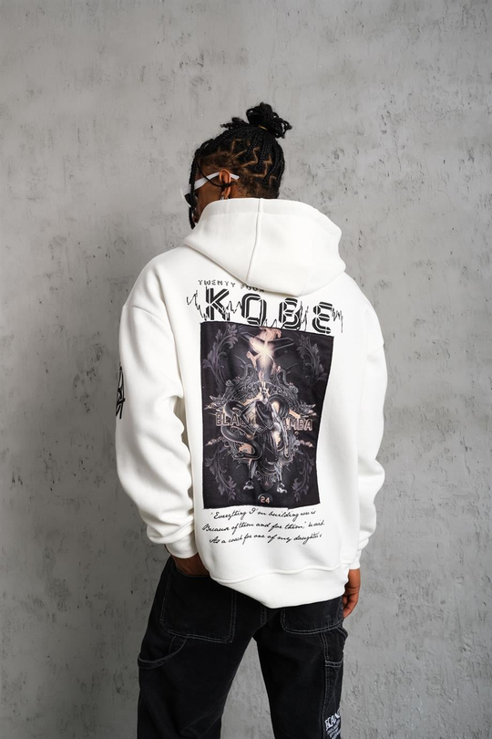 SWEATSHİRTBeyaz KOBE Peçli Baskılı 3 İplik Oversize Kapşonlu Sweatshirt PLZ-37