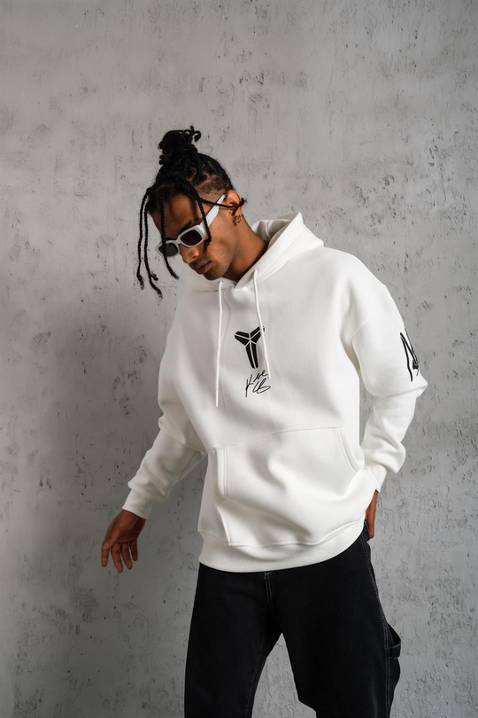 SWEATSHİRTBeyaz KOBE Peçli Baskılı 3 İplik Oversize Kapşonlu Sweatshirt PLZ-37