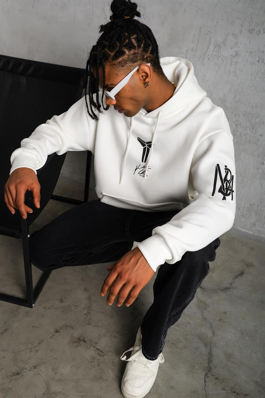 SWEATSHİRTBeyaz KOBE Peçli Baskılı 3 İplik Oversize Kapşonlu Sweatshirt PLZ-37