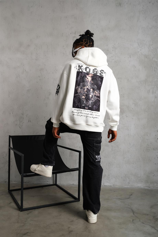 SWEATSHİRTBeyaz KOBE Peçli Baskılı 3 İplik Oversize Kapşonlu Sweatshirt PLZ-37