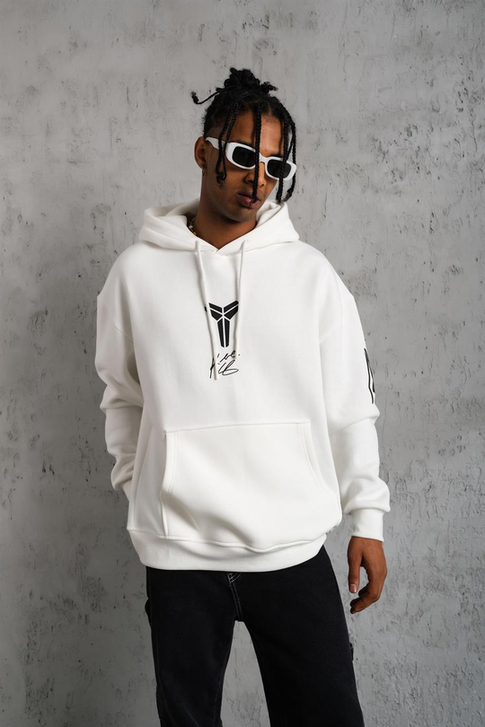 SWEATSHİRTBeyaz KOBE Peçli Baskılı 3 İplik Oversize Kapşonlu Sweatshirt PLZ-37