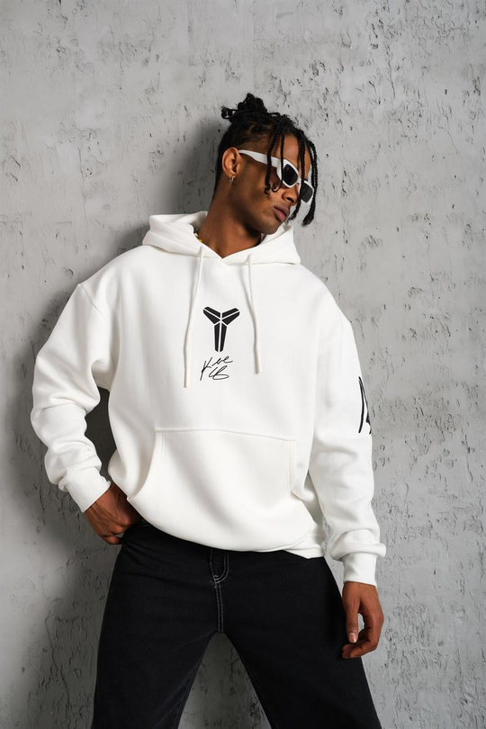 SWEATSHİRTBeyaz KOBE Peçli Baskılı 3 İplik Oversize Kapşonlu Sweatshirt PLZ-37