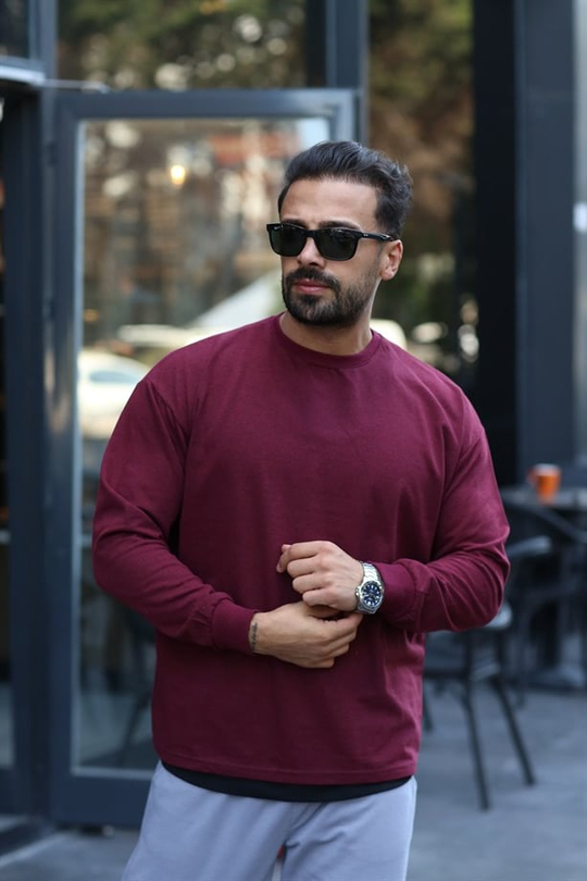 SWEATSHİRTBordo 2 İplik Şardonlu Bisiklet Yaka Sweatshirt 