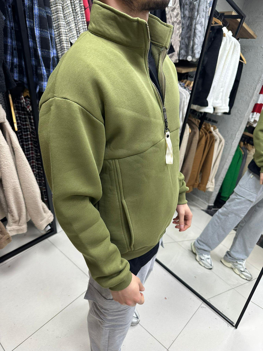 SWEATSHİRTÇamyeşili Yarım Fermuarlı Düz Fermuarı Uzun Sweatshirt SNZ