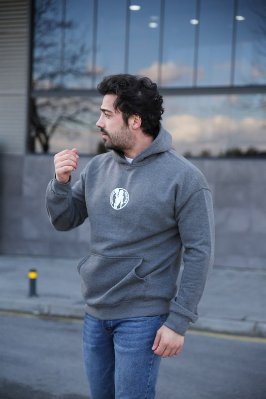 SWEATSHİRTErkek 3 İplik Gri Celtic Sırt  Baskılı Kapşonlu Sweatshirt 
