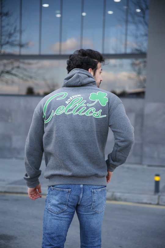 SWEATSHİRTErkek 3 İplik Gri Celtic Sırt  Baskılı Kapşonlu Sweatshirt 