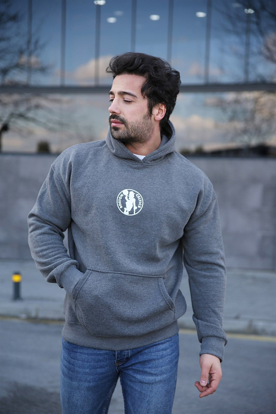 SWEATSHİRTErkek 3 İplik Gri Celtic Sırt  Baskılı Kapşonlu Sweatshirt 