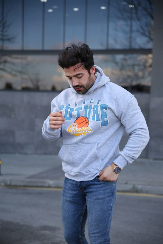 SWEATSHİRTErkek 3 İplik Gri Future Kapşonlu Sweatshirt 