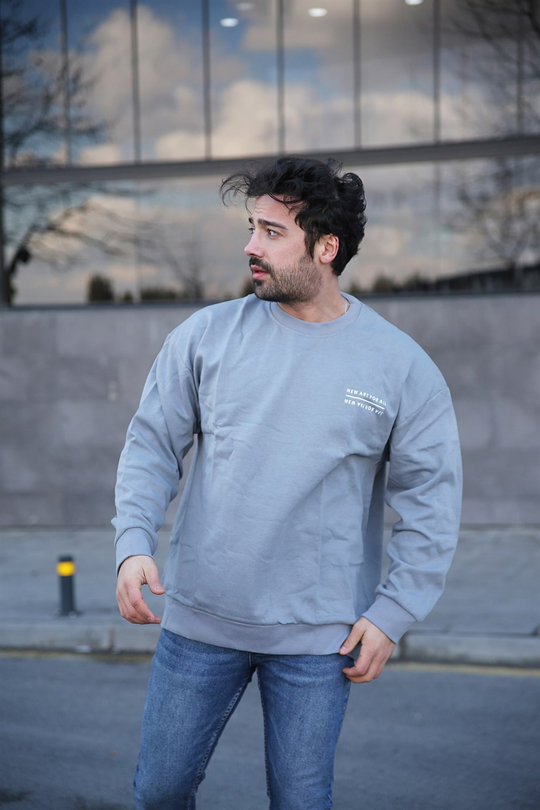 SWEATSHİRTErkek 3 İplik Gri New For All Sırt  Baskılı Sweatshirt 
