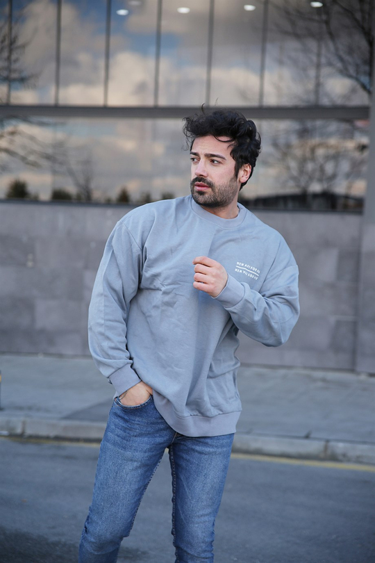 SWEATSHİRTErkek 3 İplik Gri New For All Sırt  Baskılı Sweatshirt 