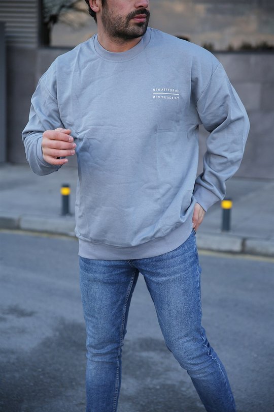SWEATSHİRTErkek 3 İplik Gri New For All Sırt  Baskılı Sweatshirt 