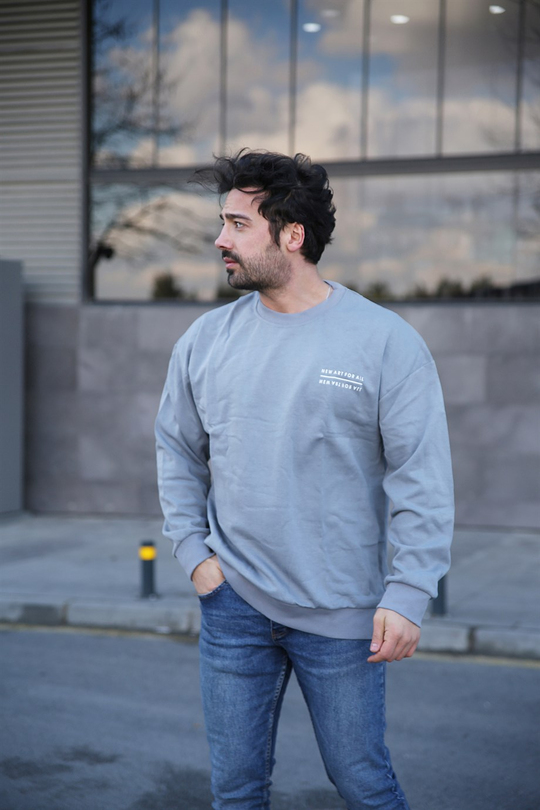 SWEATSHİRTErkek 3 İplik Gri New For All Sırt  Baskılı Sweatshirt 