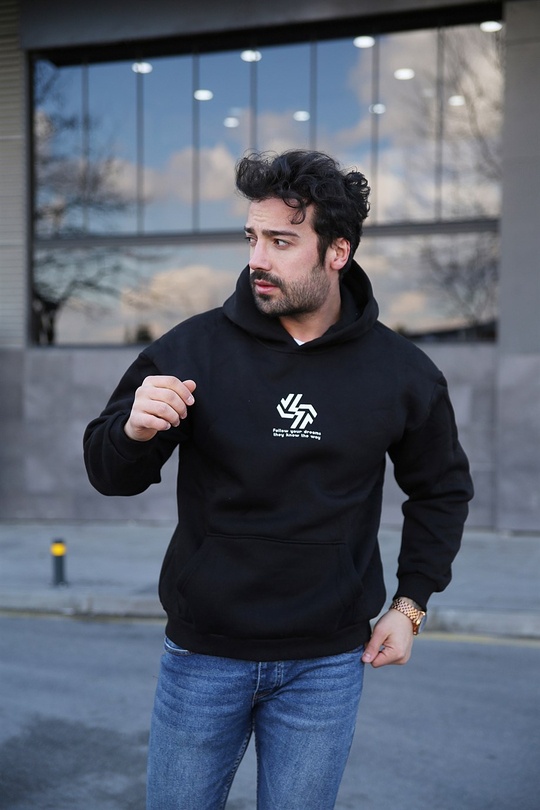 SWEATSHİRTErkek 3 İplik Siyah Fallow Sırt  Baskılı Kapşonlu Sweatshirt 